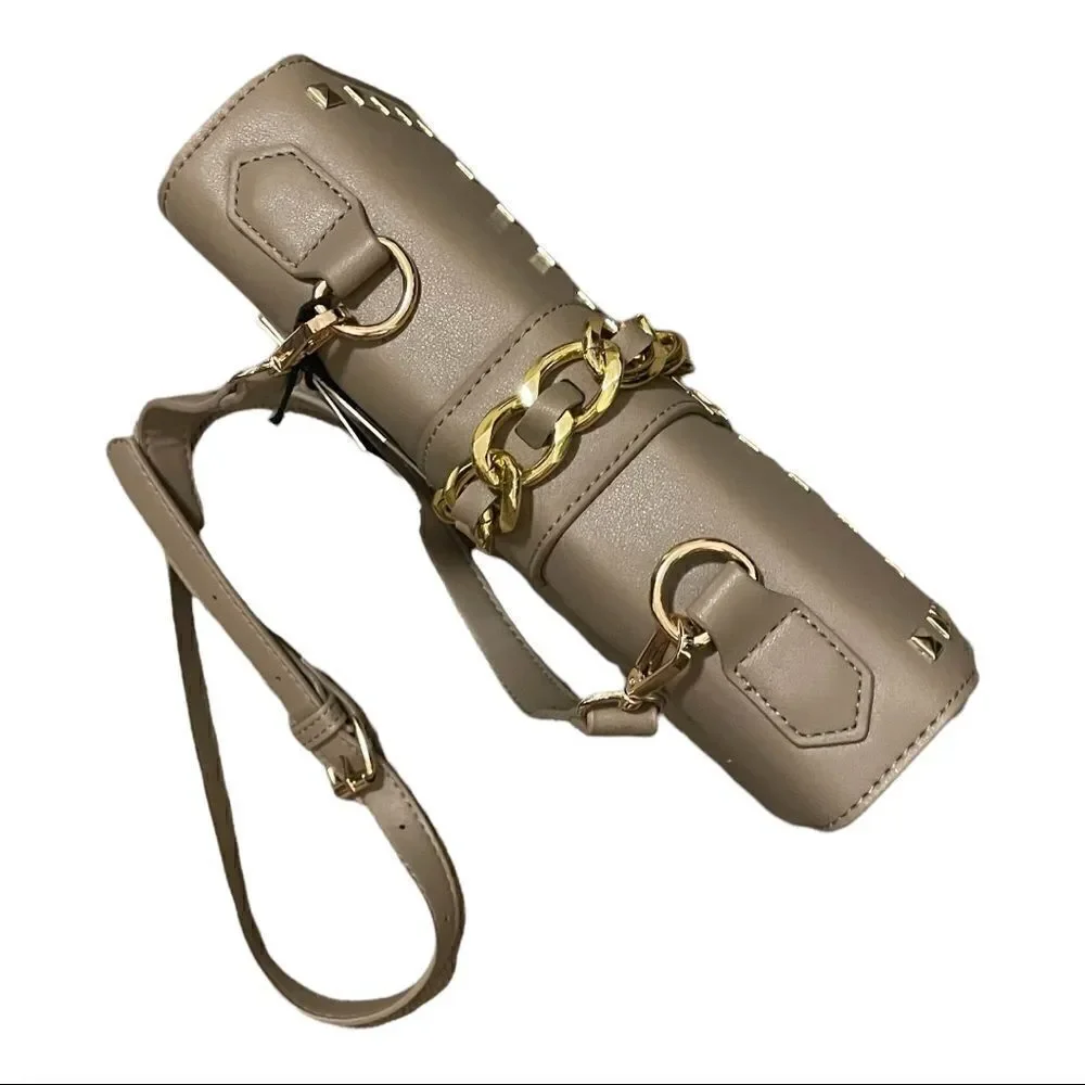 NEW Badgley Mischka Bag Cream Beige Plain Grain Crossbody Purse Gold Chain Strap